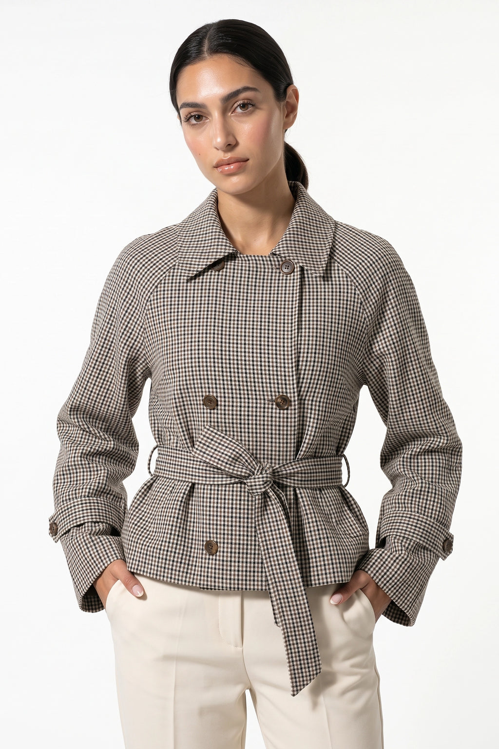 Women's Stylish Checked Cropped Trench Jacket with Waist Belt