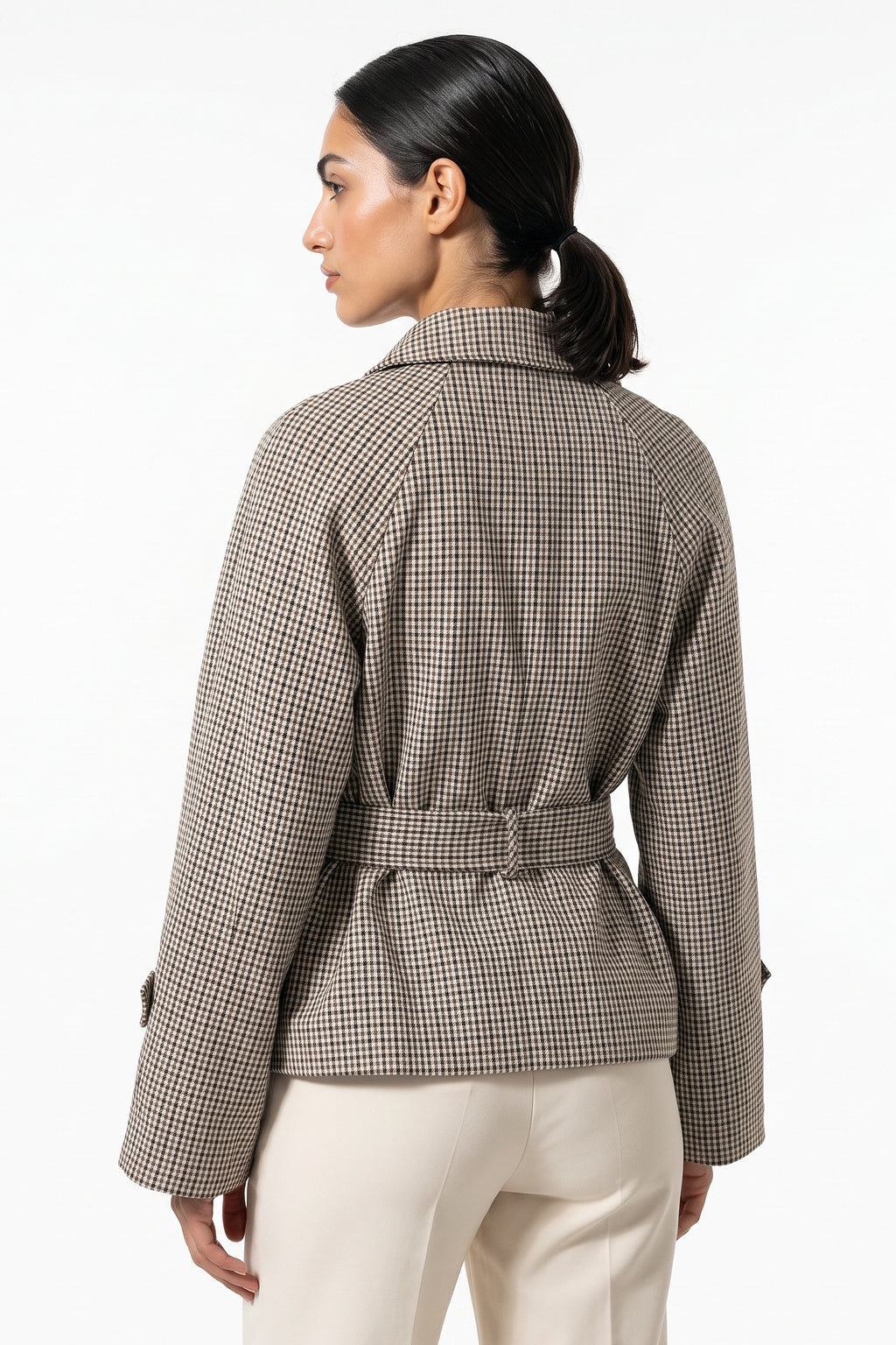 Women's Stylish Checked Cropped Trench Jacket with Waist Belt