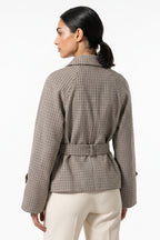Women's Stylish Checked Cropped Trench Jacket with Waist Belt