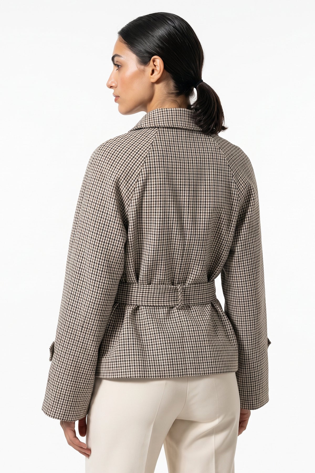 Women's Stylish Checked Cropped Trench Jacket with Waist Belt