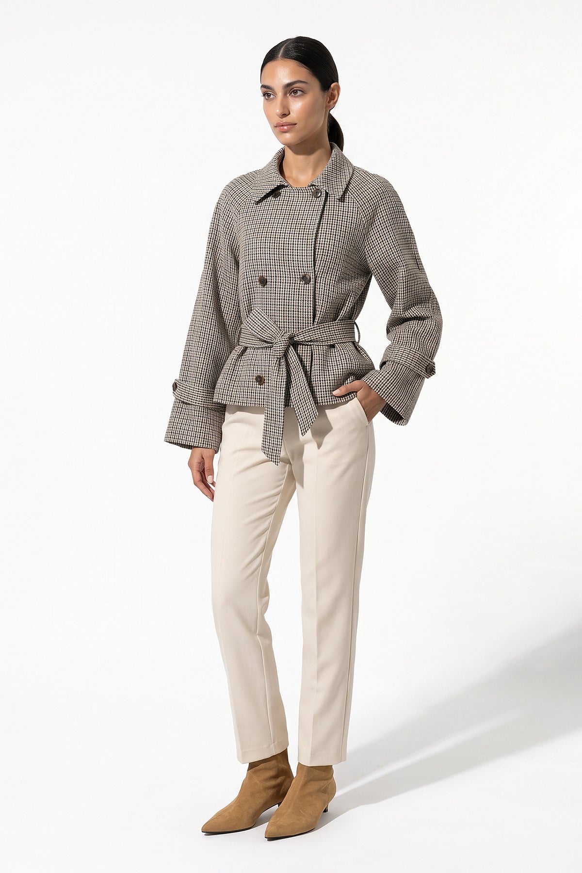Women's Stylish Checked Cropped Trench Jacket with Waist Belt