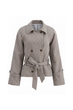 Women's Stylish Checked Cropped Trench Jacket with Waist Belt