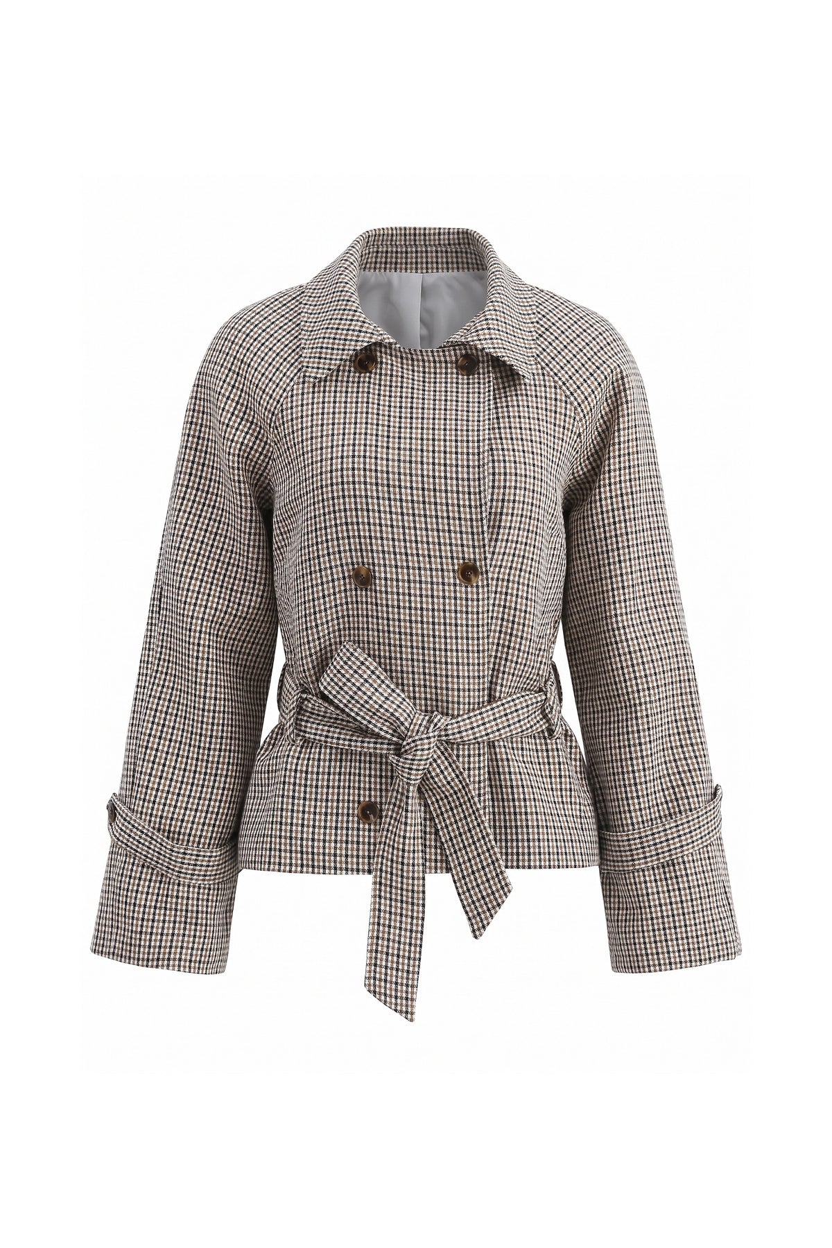 Women's Stylish Checked Cropped Trench Jacket with Waist Belt