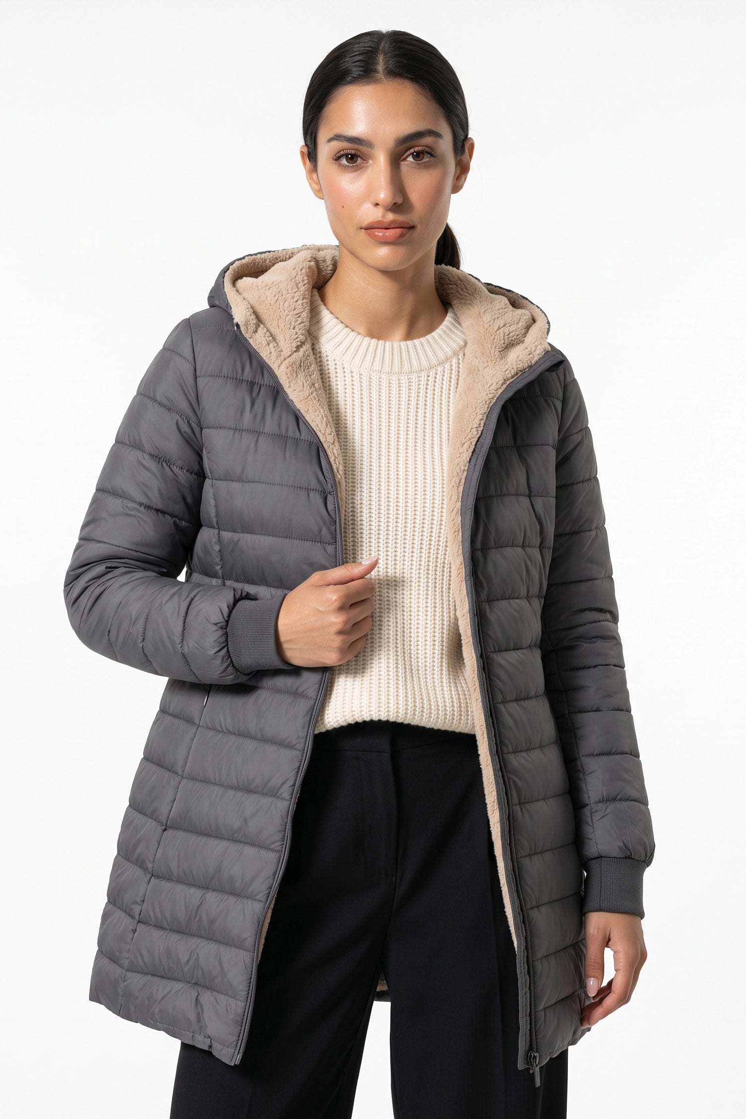 Women’s Winter Warm Fleece Lined Hooded Longline Puffer Coat
