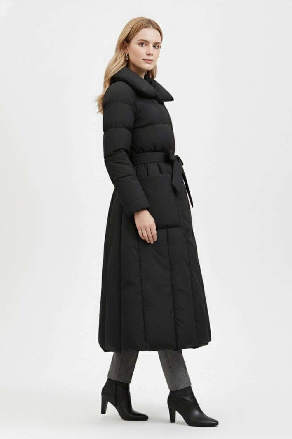 Caurelle | Women’s Long Belted Puffer Coat – Elegant Winter Silhouette