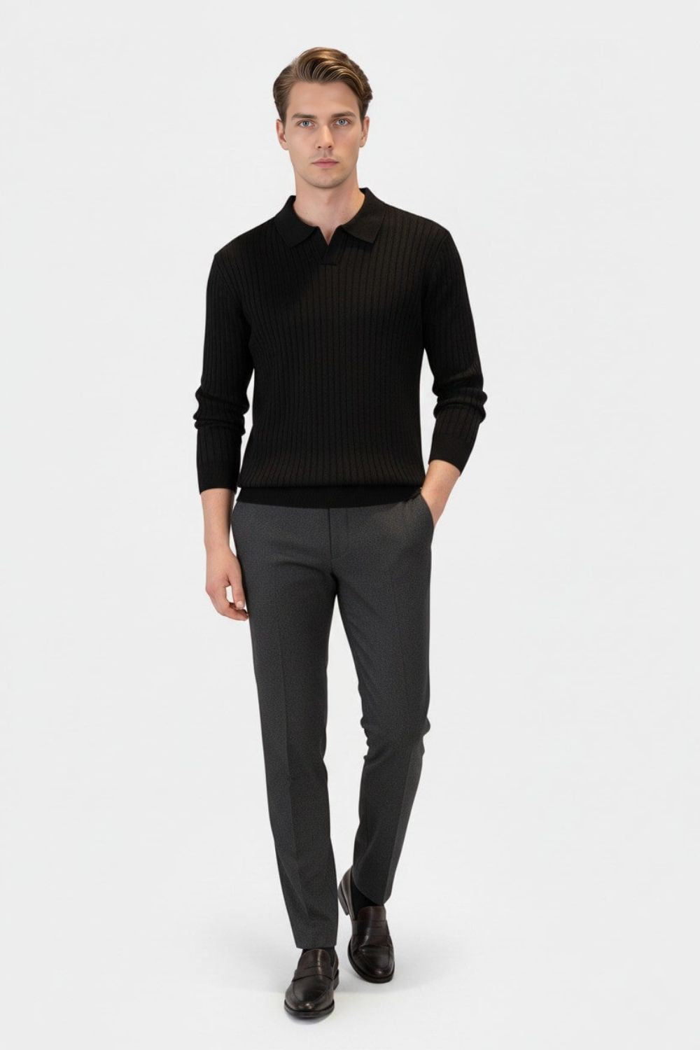 Caurelle | Men’s Knitted V-Neck Jumper – Polo Collar Autumn Winter