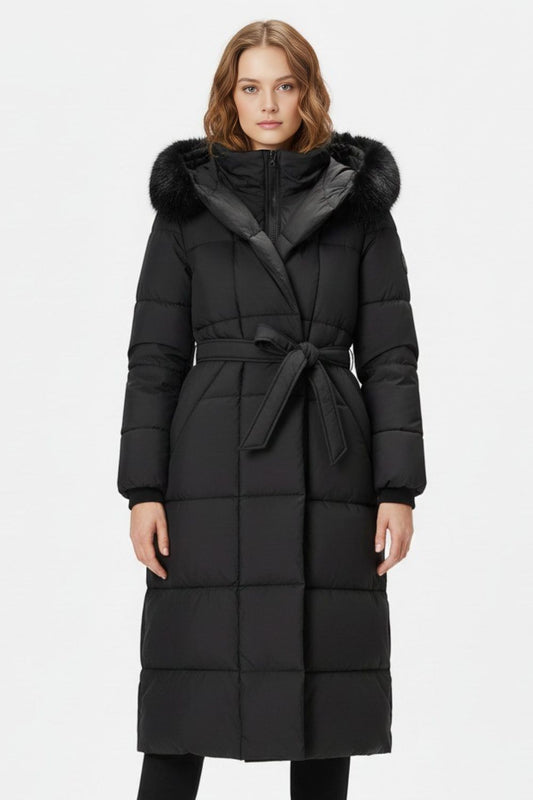 Caurelle | Women’s Black Long Belted Faux Fur Puffer Coat
