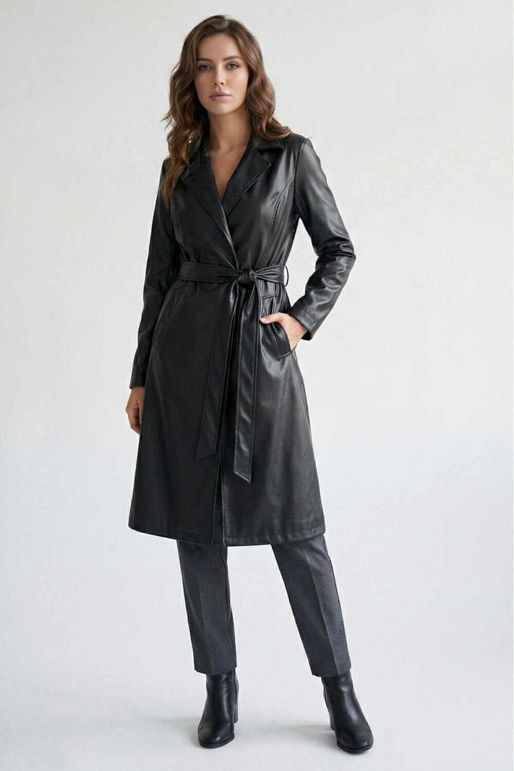 Caurelle | Women’s Black Faux Leather Long Coat with Belt