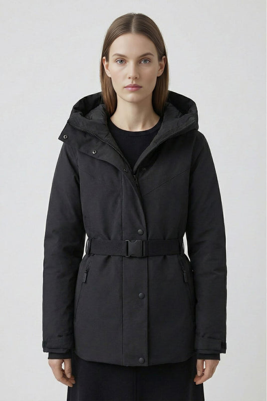 Caurelle | Women’s Waterproof Black Padded Puffer Coat with Belted Waist