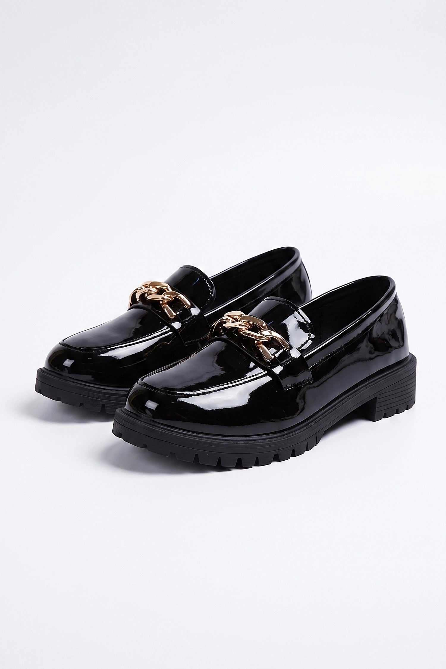 Women's Versatile Black Chunky Loafers Patent Leather with Gold Chain