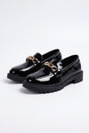 Women's Versatile Black Chunky Loafers Patent Leather with Gold Chain