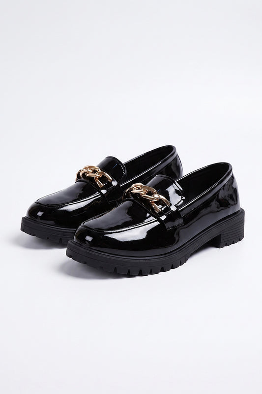 Women's Versatile Black Chunky Loafers Patent Leather with Gold Chain