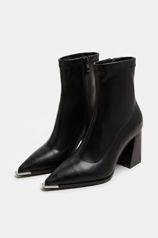 Women's Winter Block Heel Pointed Toe Leather Ankle Boots
