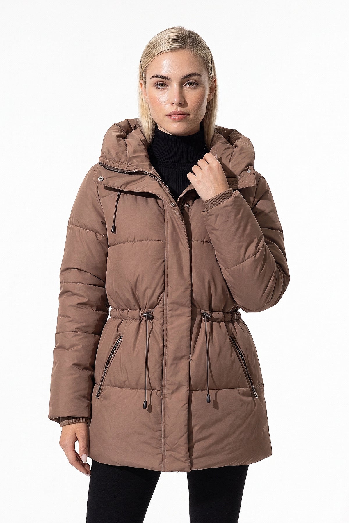 Women’s Winter Warm Hooded Long Puffer Jacket with Adjustable Waist