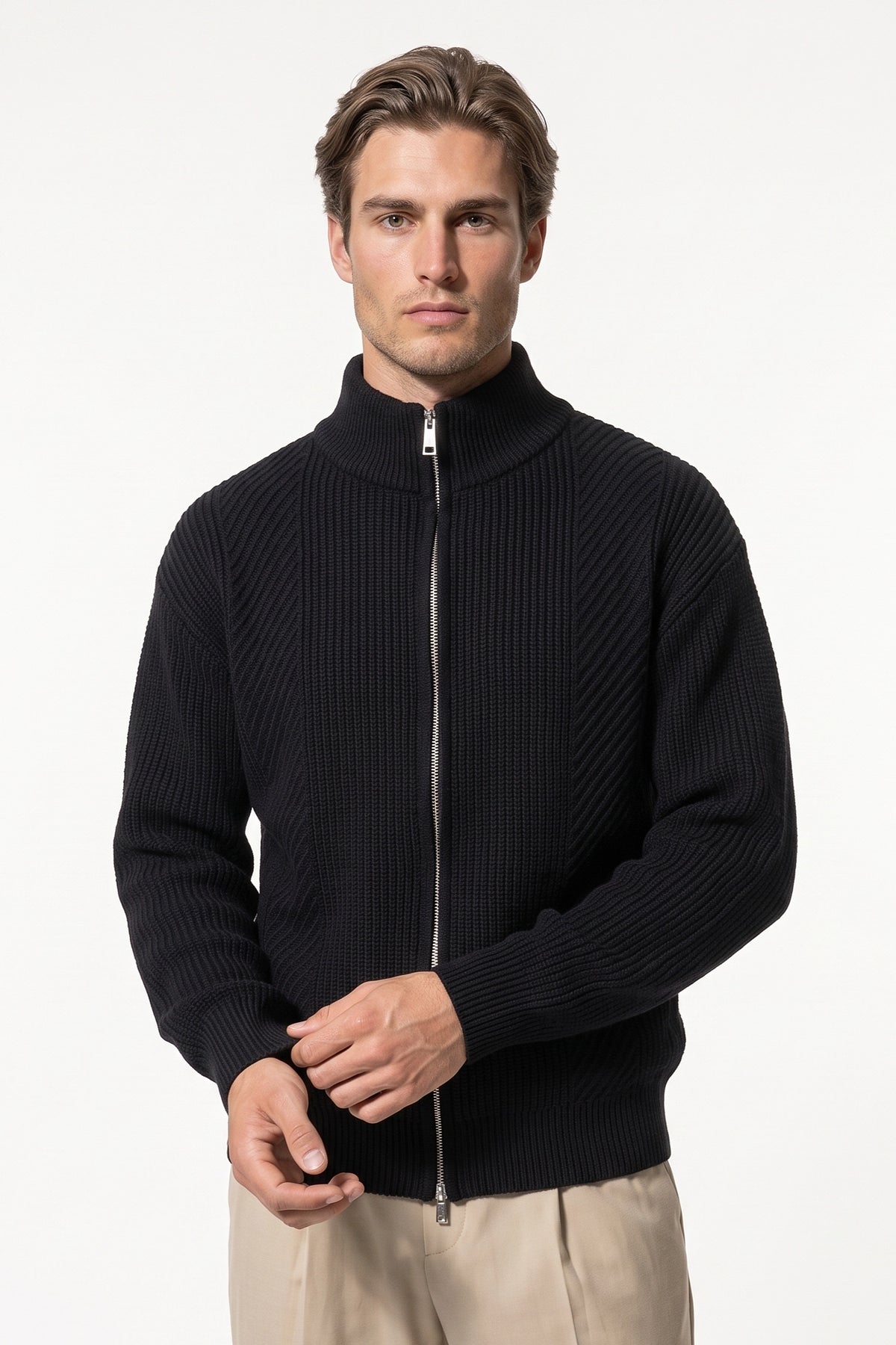 Men’s Winter Warm Textured Knitted Cardigan Stand Collar Full Zip