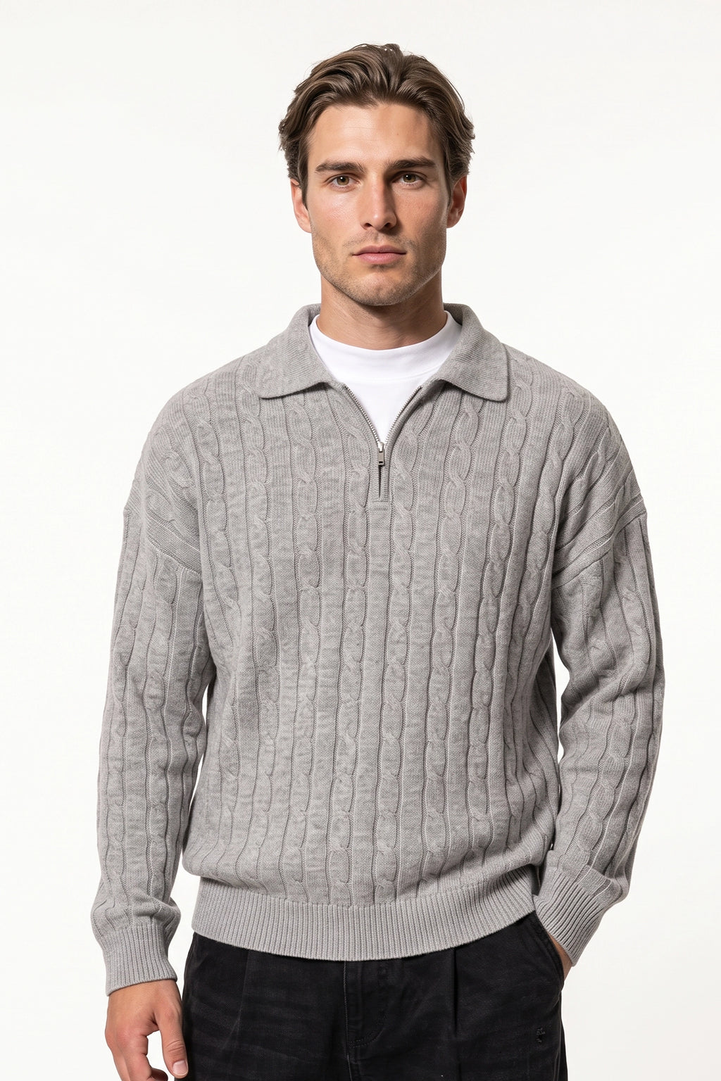 Men's Winter Warm Cable Knit Quarter Zip Polo Jumper