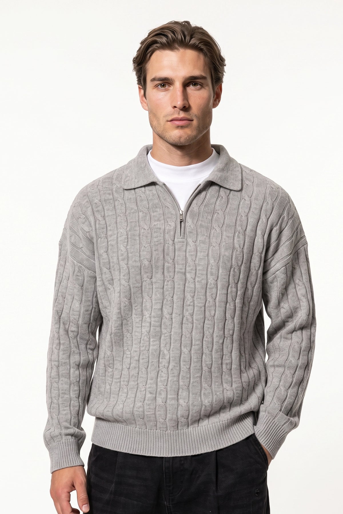 Men's Winter Warm Cable Knit Quarter Zip Polo Jumper