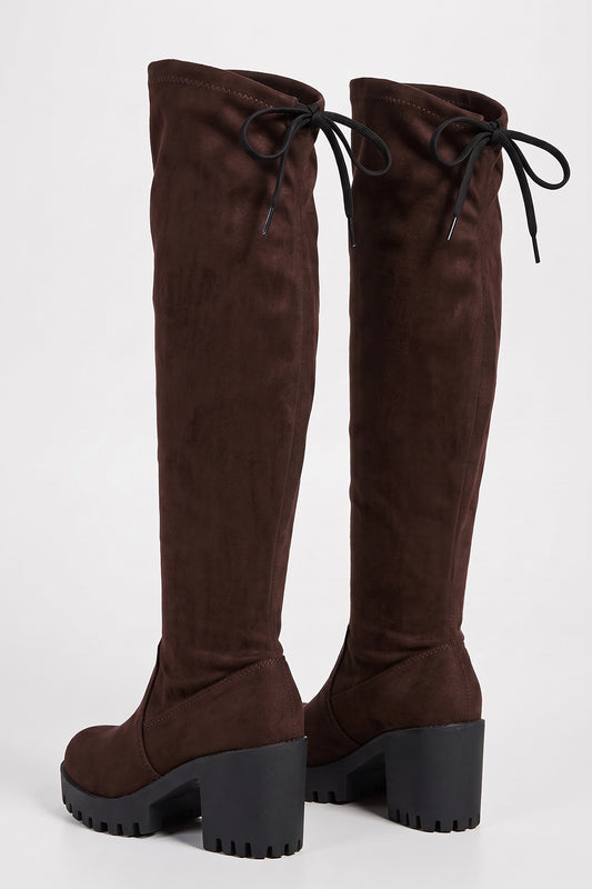 Women’s Winter Chunky Suede Knee High Boots with Drawstring