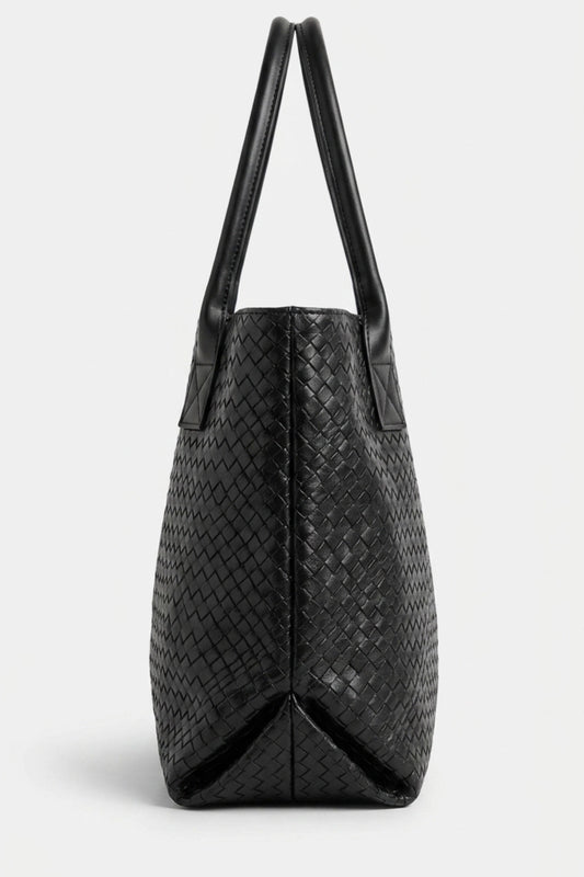 Women’s Spacious Woven Black Leather Tote Bag Large Shoulder Handles
