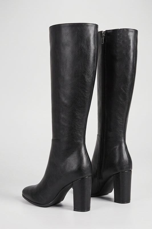 Women’s Winter Versatile Black Leather Knee High Boots with Block Heel