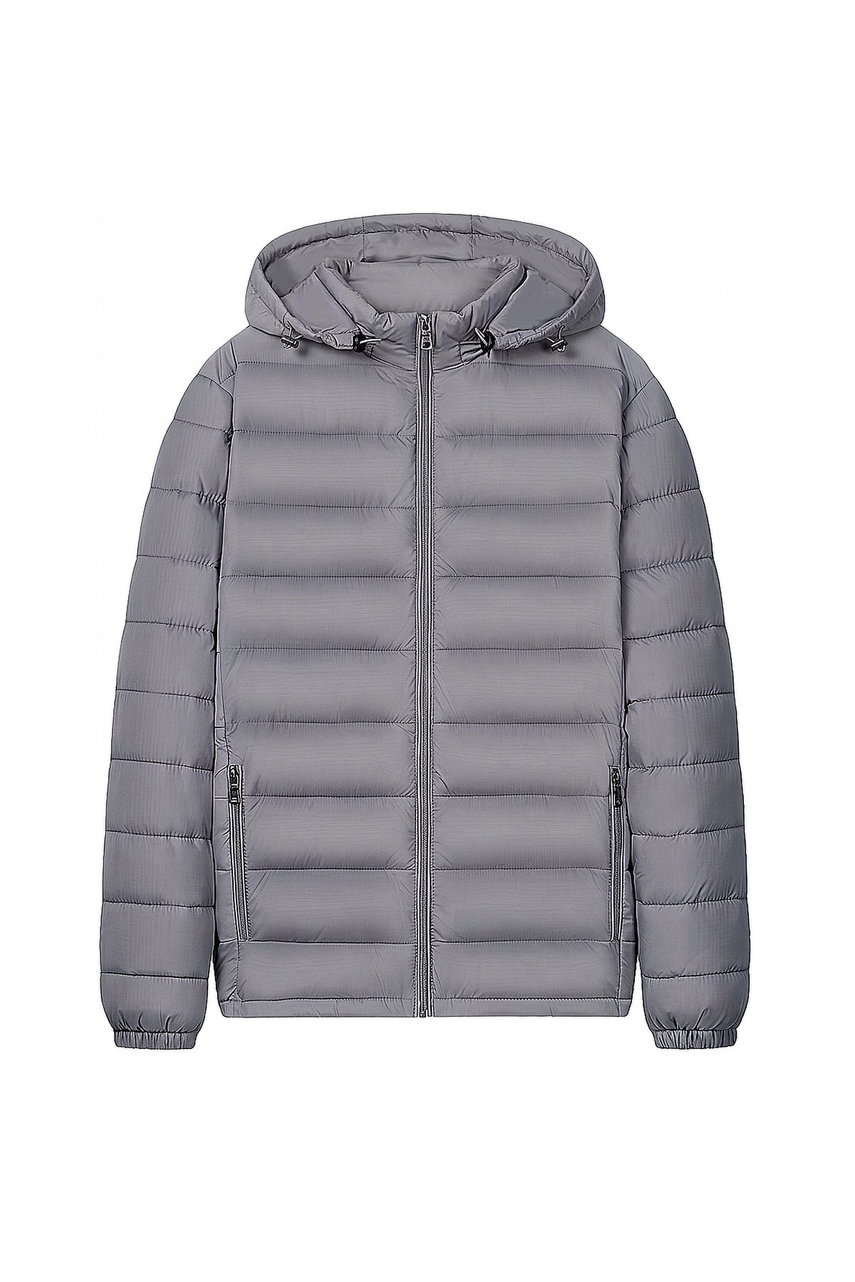 Men’s Winter Warm Grey Hooded Puffer Jacket High Collar Full Zip