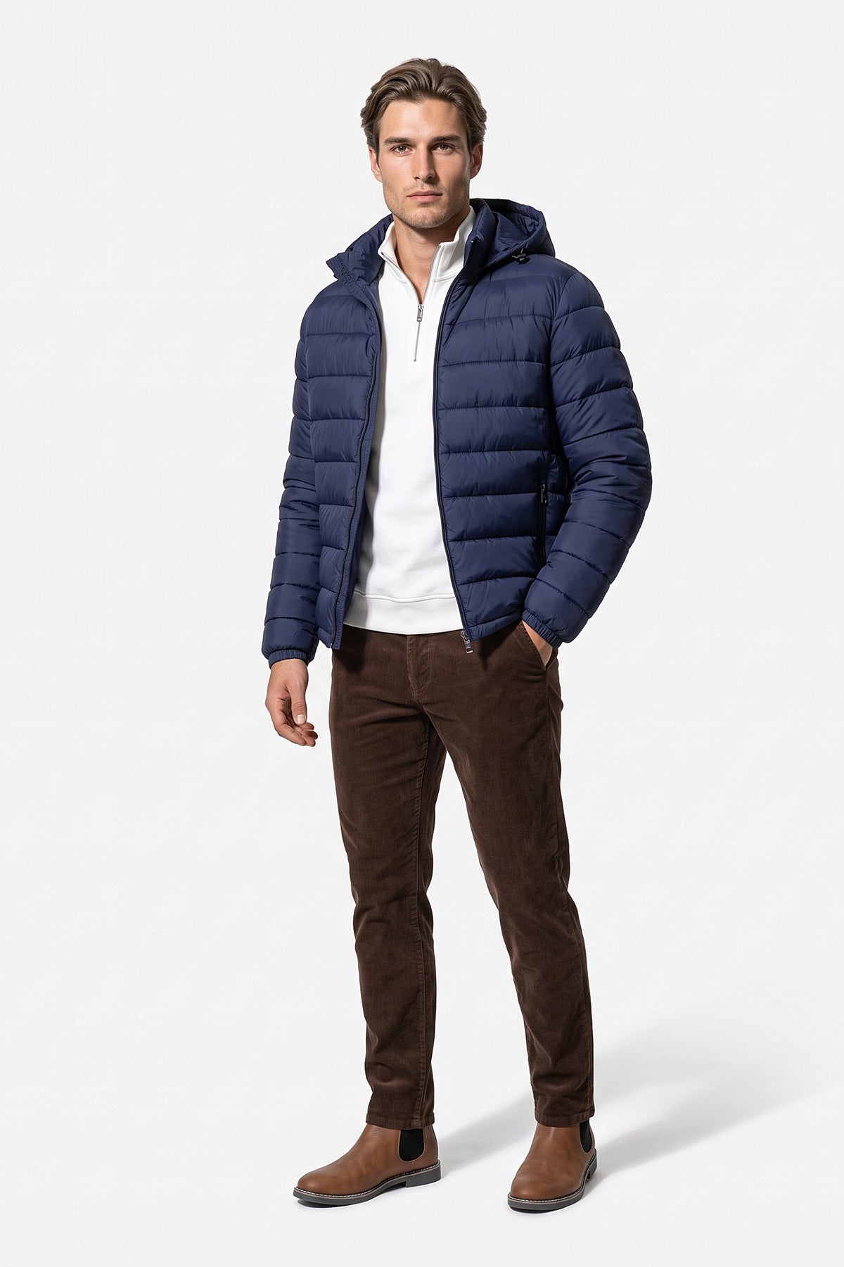 Men’s Winter Warm Blue Hooded Puffer Jacket High Collar Full Zip