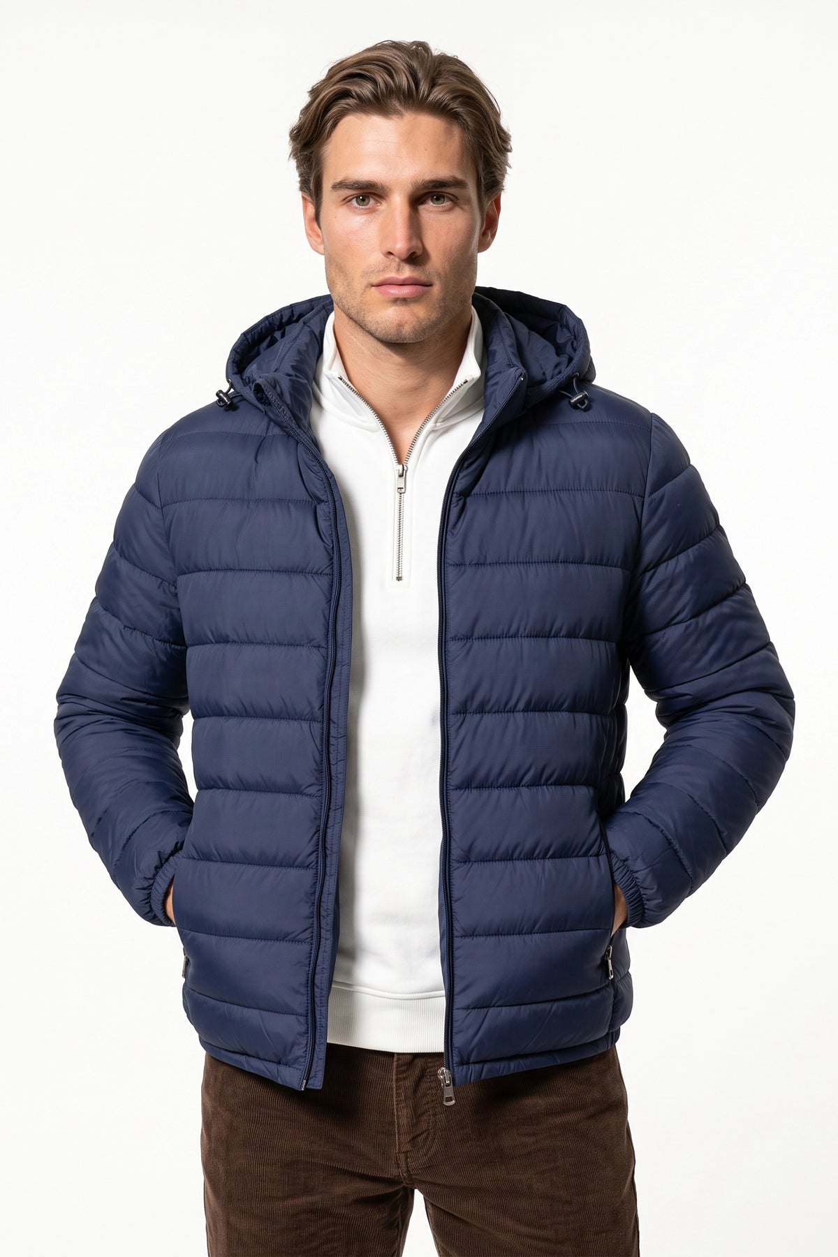 Men’s Winter Warm Blue Hooded Puffer Jacket High Collar Full Zip