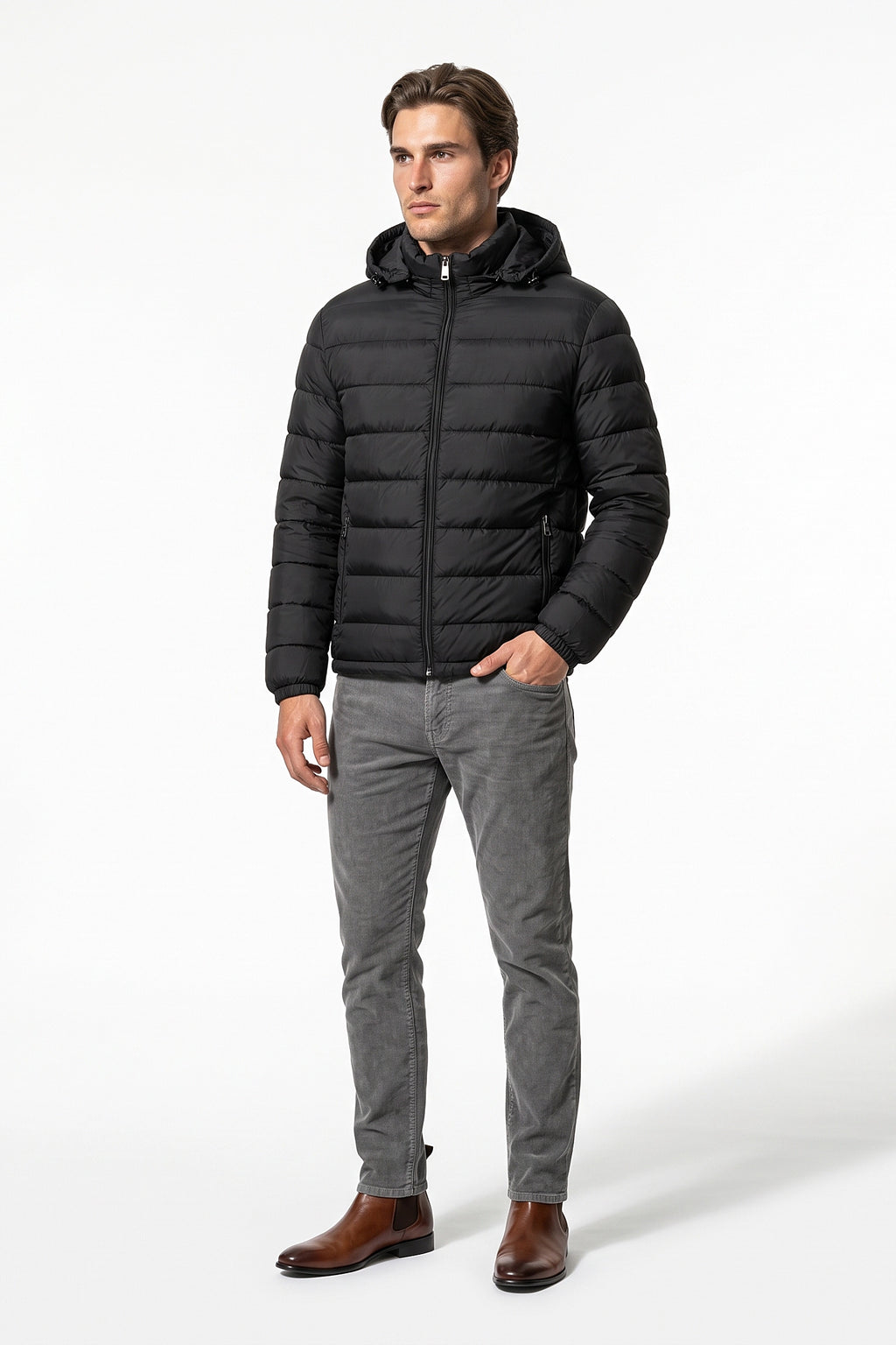 Men’s Winter Warm Black Hooded Puffer Jacket High Collar Full Zip