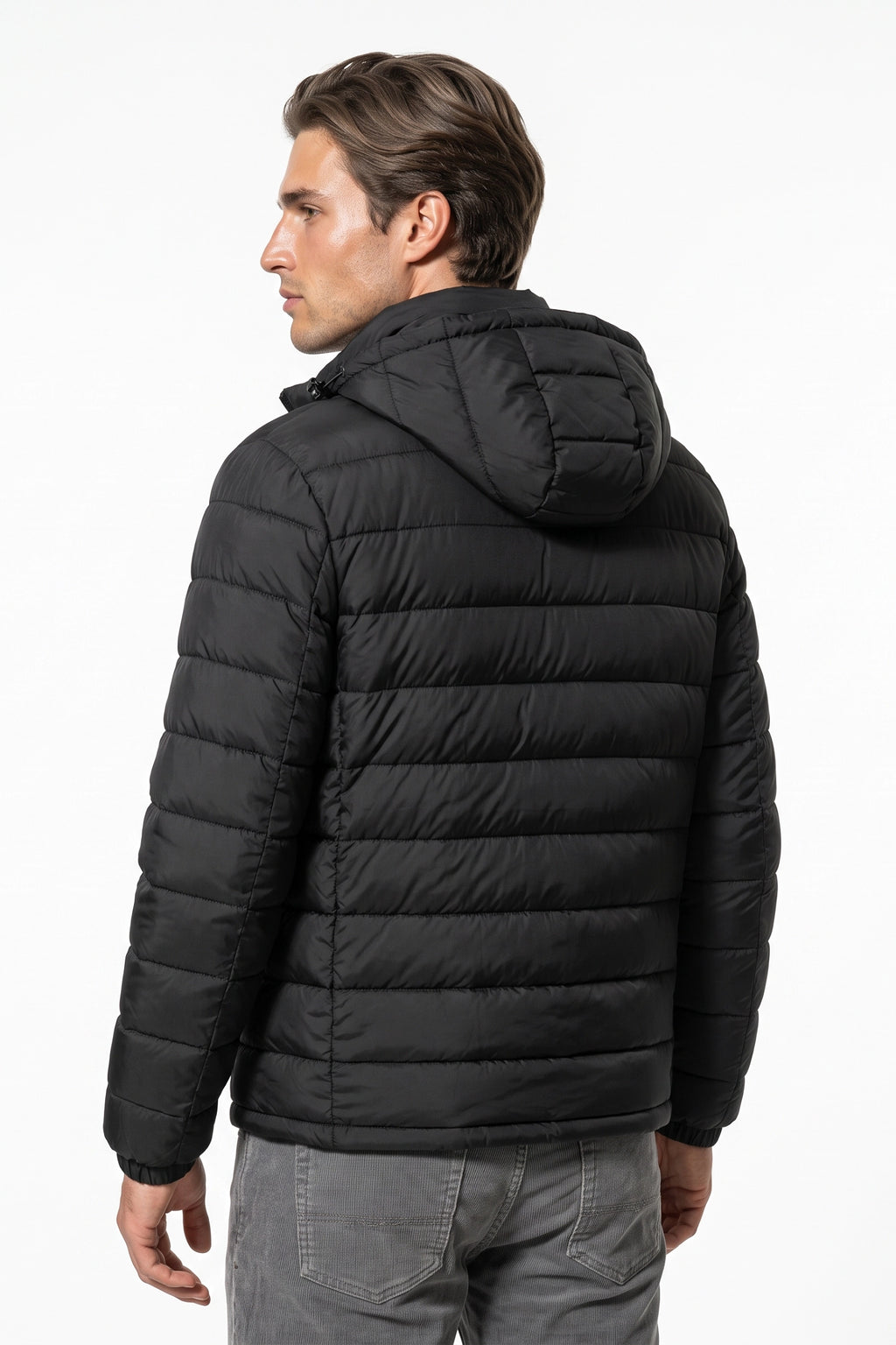 Men’s Winter Warm Black Hooded Puffer Jacket High Collar Full Zip