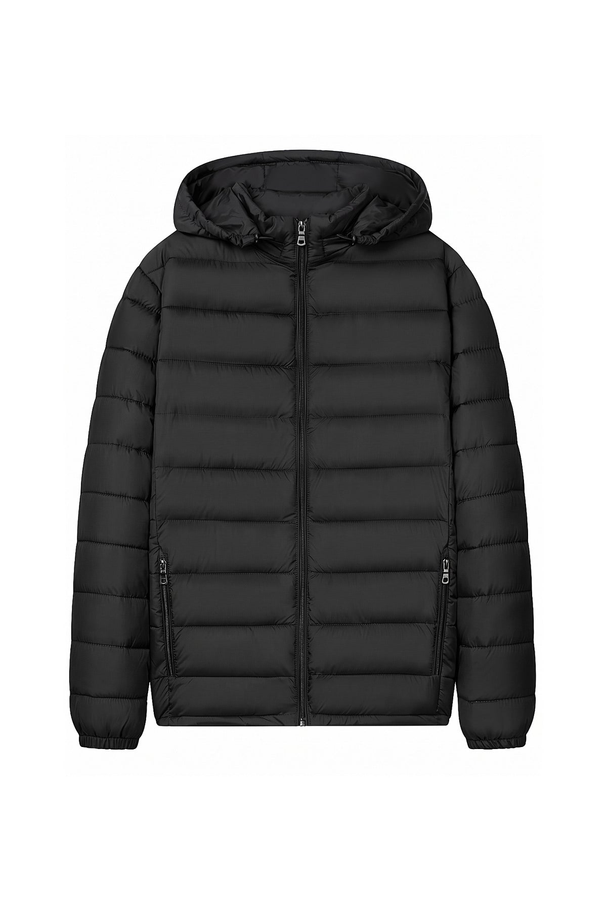 Men’s Winter Warm Black Hooded Puffer Jacket High Collar Full Zip