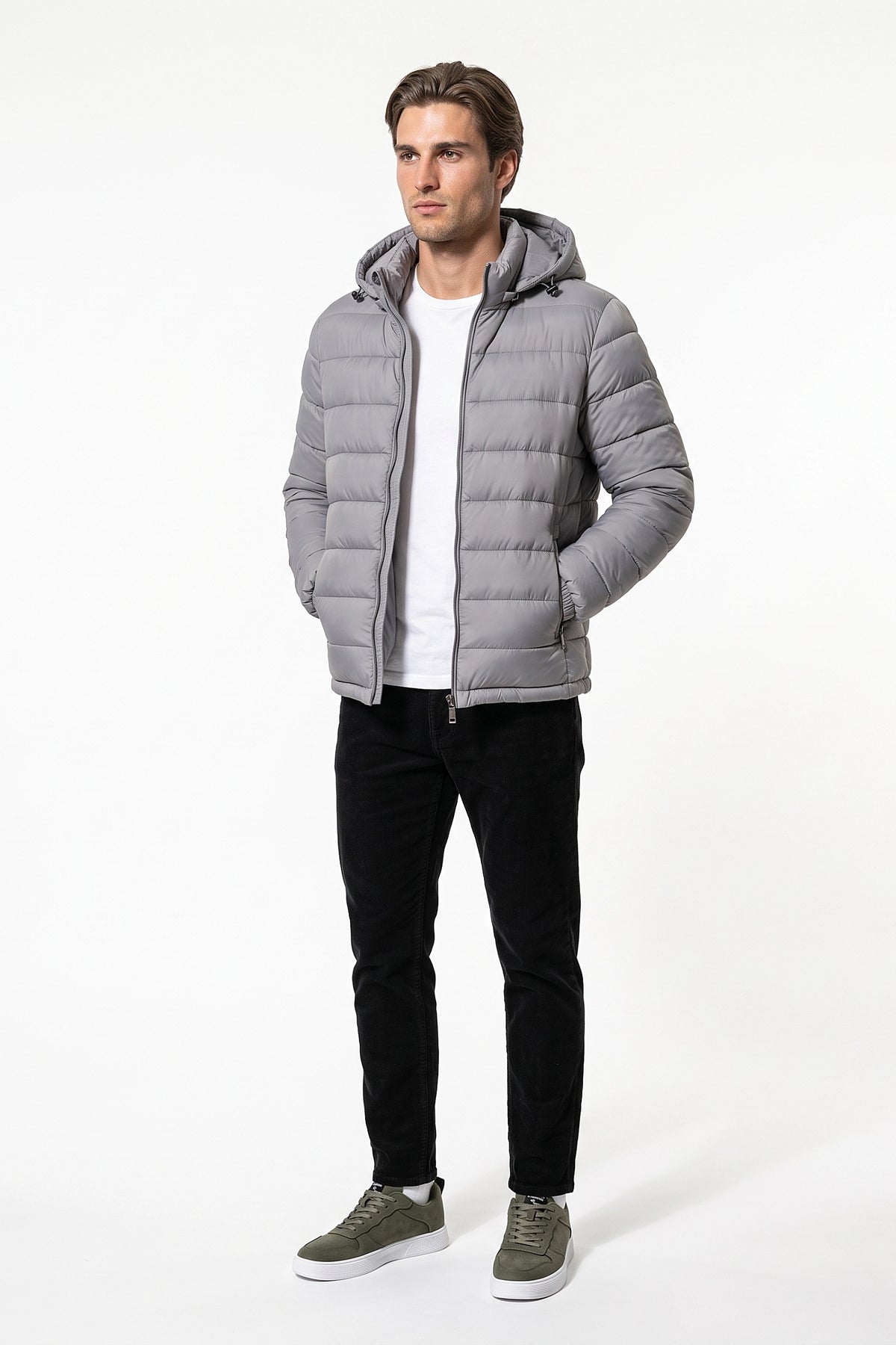 Men’s Winter Warm Grey Hooded Puffer Jacket High Collar Full Zip