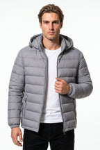 Men’s Winter Warm Grey Hooded Puffer Jacket High Collar Full Zip