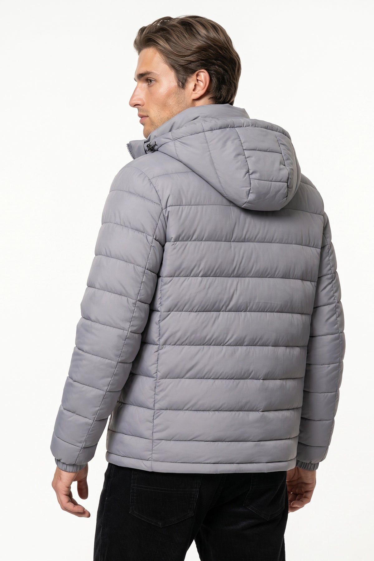 Men’s Winter Warm Grey Hooded Puffer Jacket High Collar Full Zip