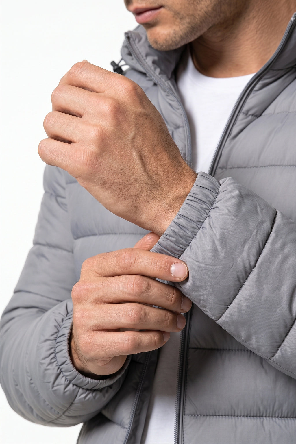 Men’s Winter Warm Grey Hooded Puffer Jacket High Collar Full Zip