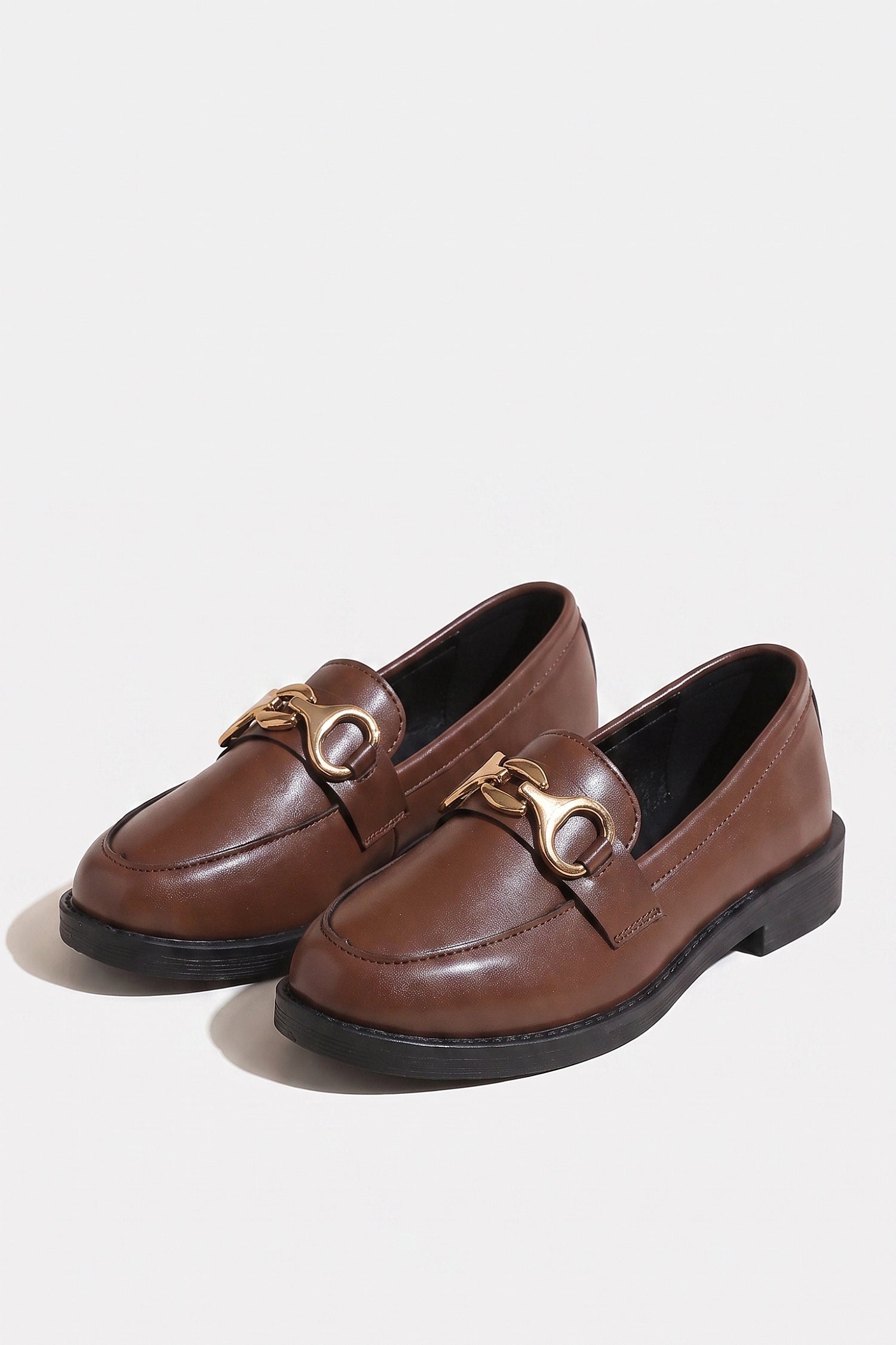 Women's Polished Brown Loafers Classic Leather with Gold Horsebit
