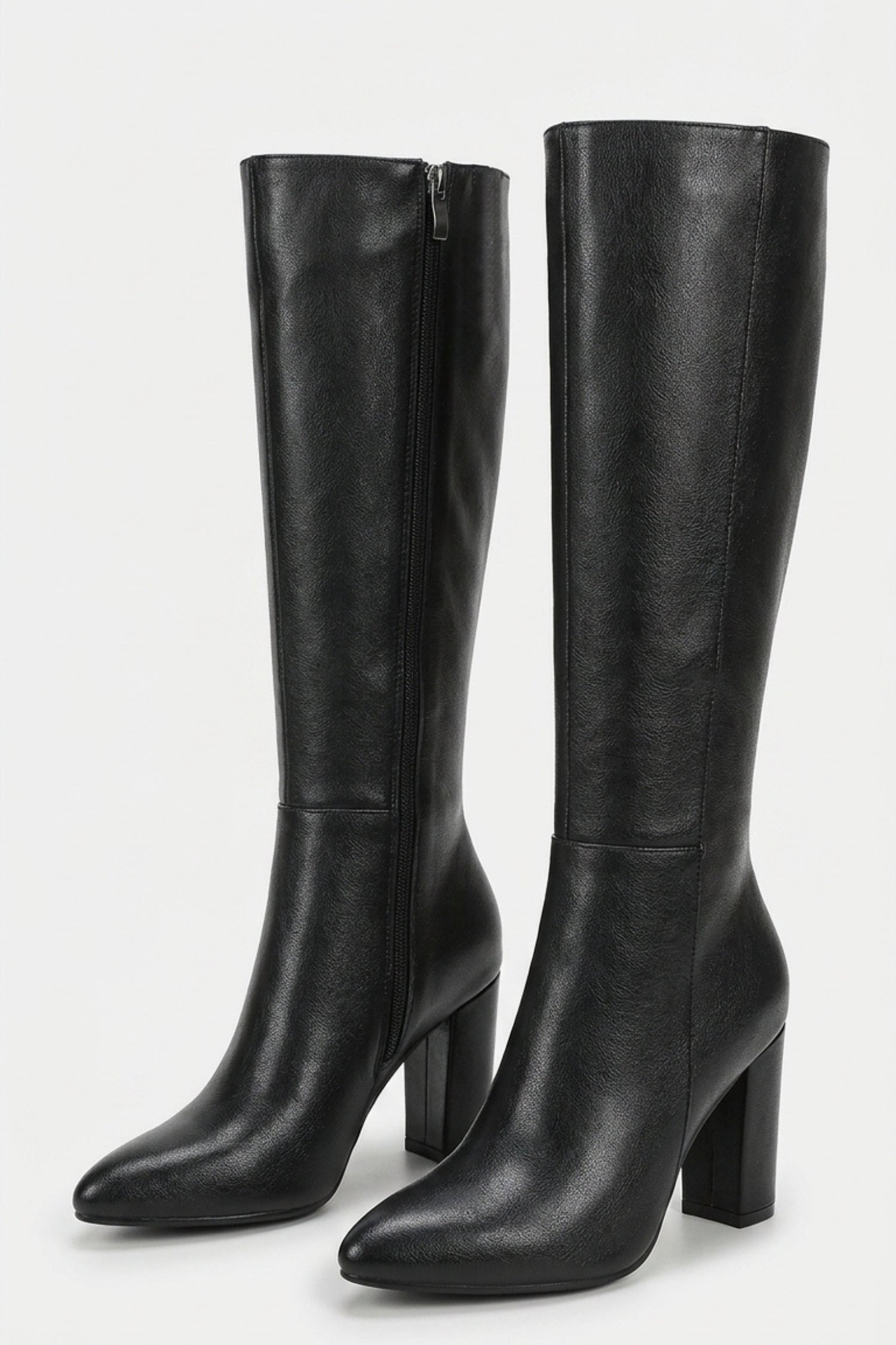 Women’s Winter Versatile Black Leather Knee High Boots with Block Heel