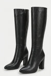 Women’s Winter Versatile Black Leather Knee High Boots with Block Heel