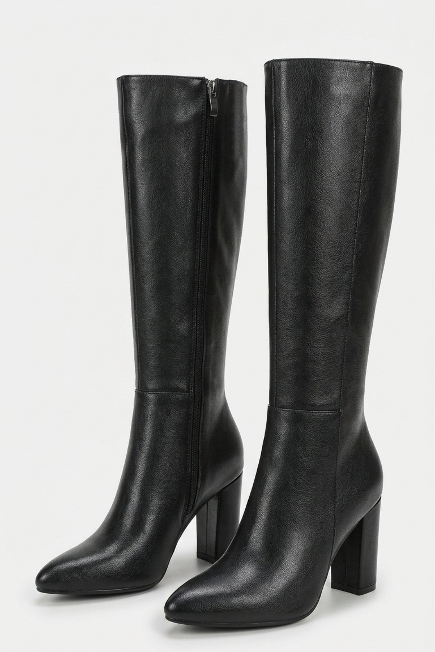 Women’s Winter Versatile Black Leather Knee High Boots with Block Heel