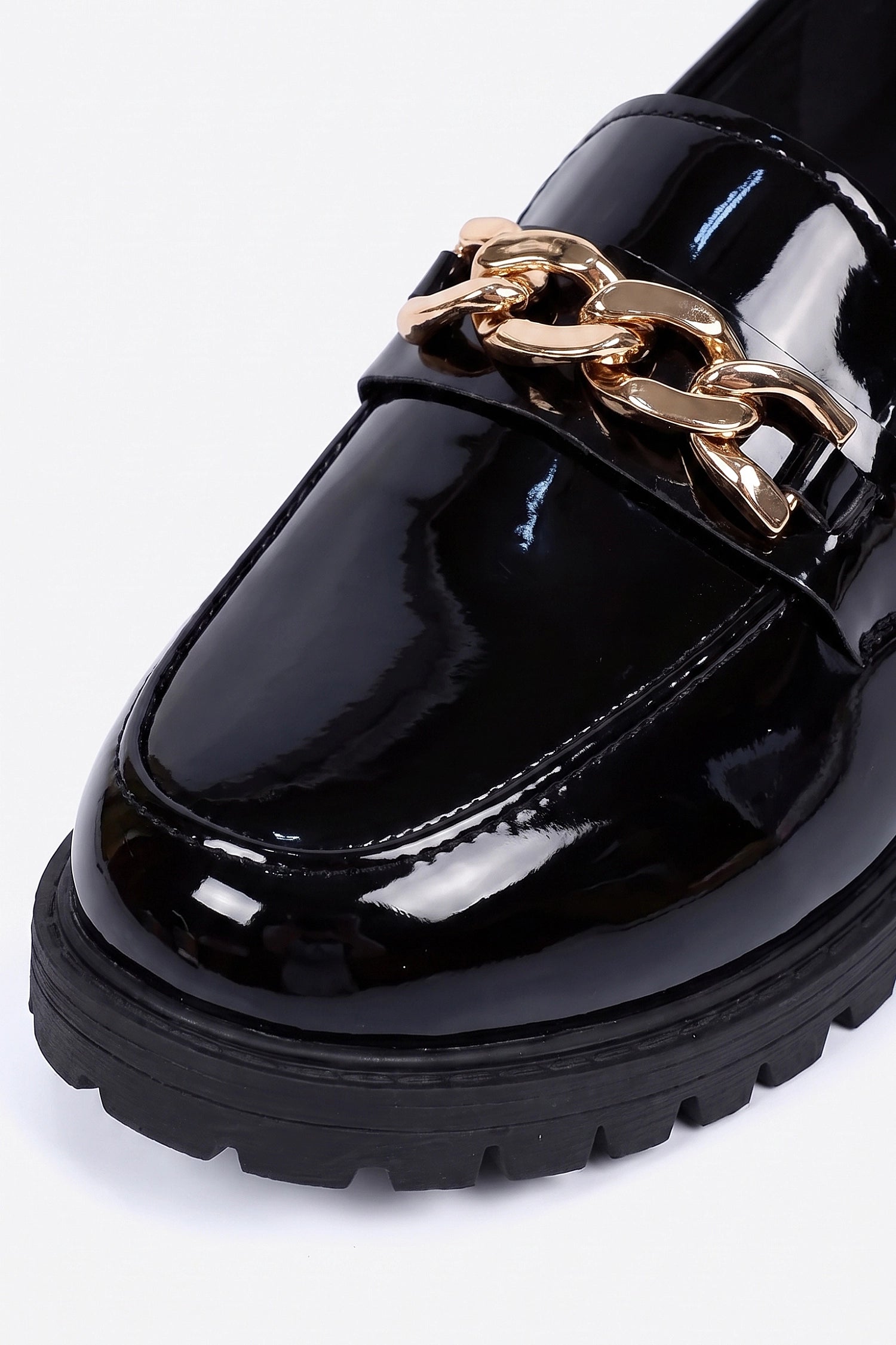 Women's Versatile Black Chunky Loafers Patent Leather with Gold Chain