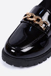 Women's Versatile Black Chunky Loafers Patent Leather with Gold Chain