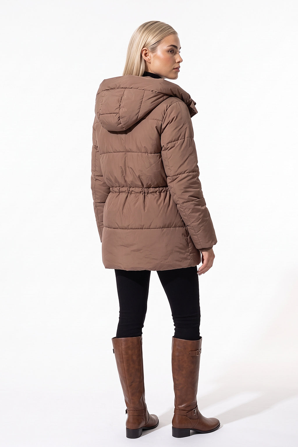 Women’s Winter Warm Hooded Long Puffer Jacket with Adjustable Waist