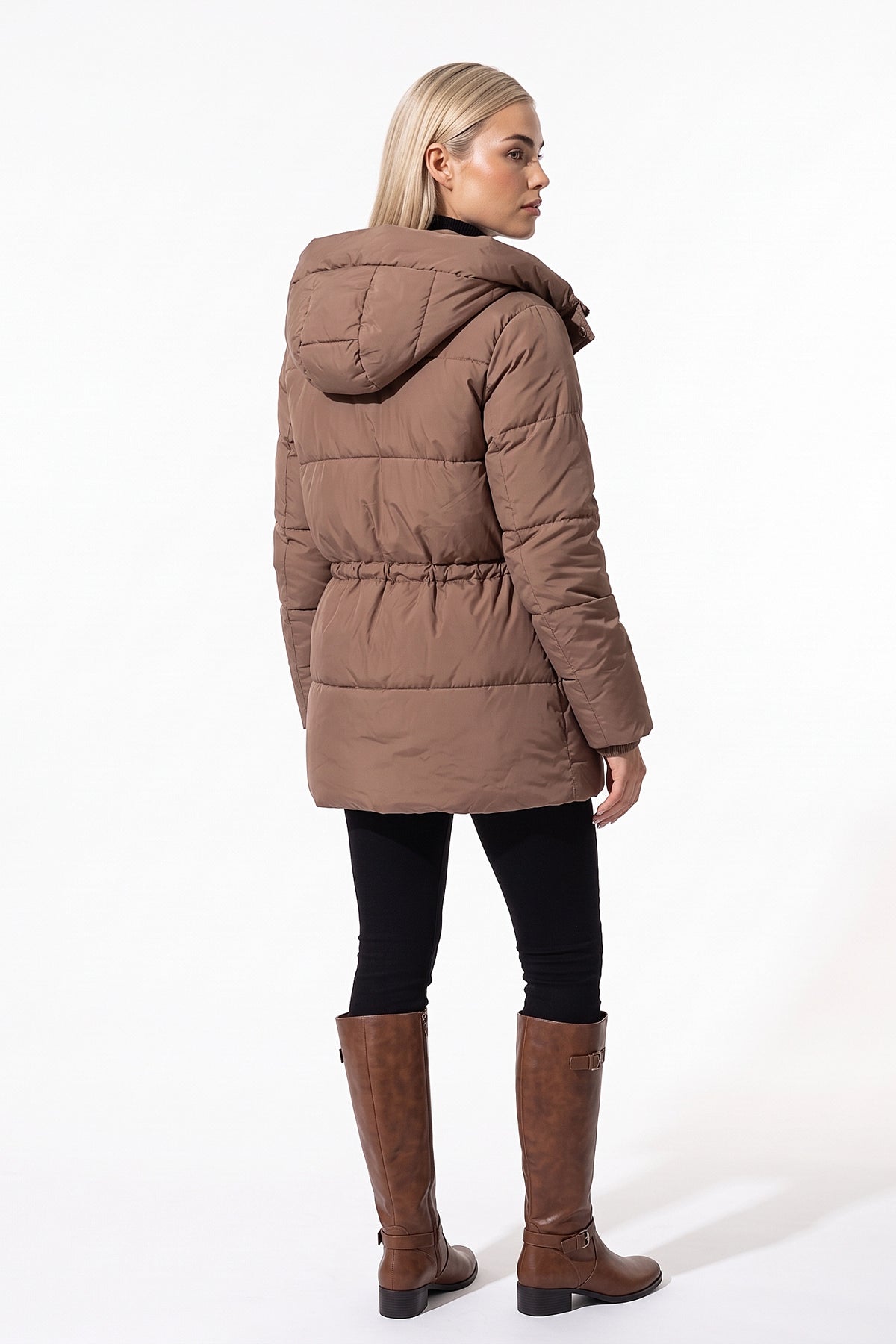 Women’s Winter Warm Hooded Long Puffer Jacket with Adjustable Waist