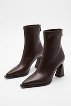 Women's Stylish Leather Ankle Boots Pointed Toe with Flared Block Heel