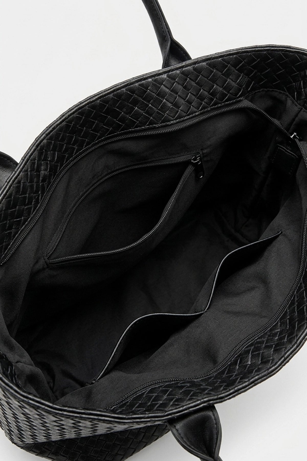 Women’s Spacious Woven Black Leather Tote Bag Large Shoulder Handles