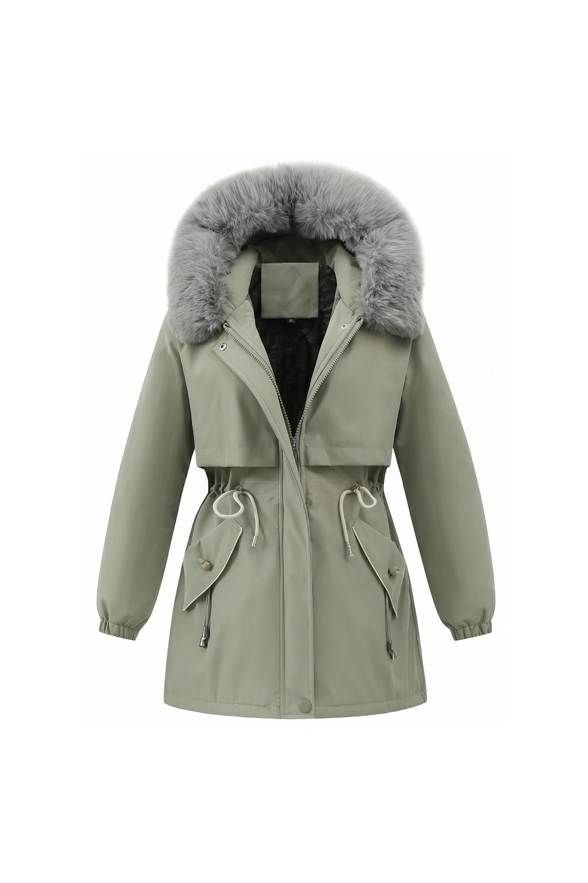 Women's Winter Warm Parka Coat with Faux Fur Hood and Drawstring Waist