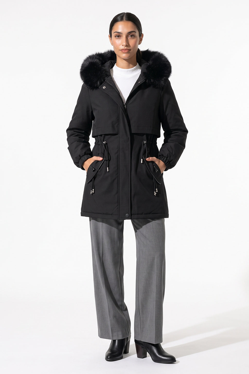 Women's Winter Warm Parka Coat with Faux Fur Hood and Drawstring Waist