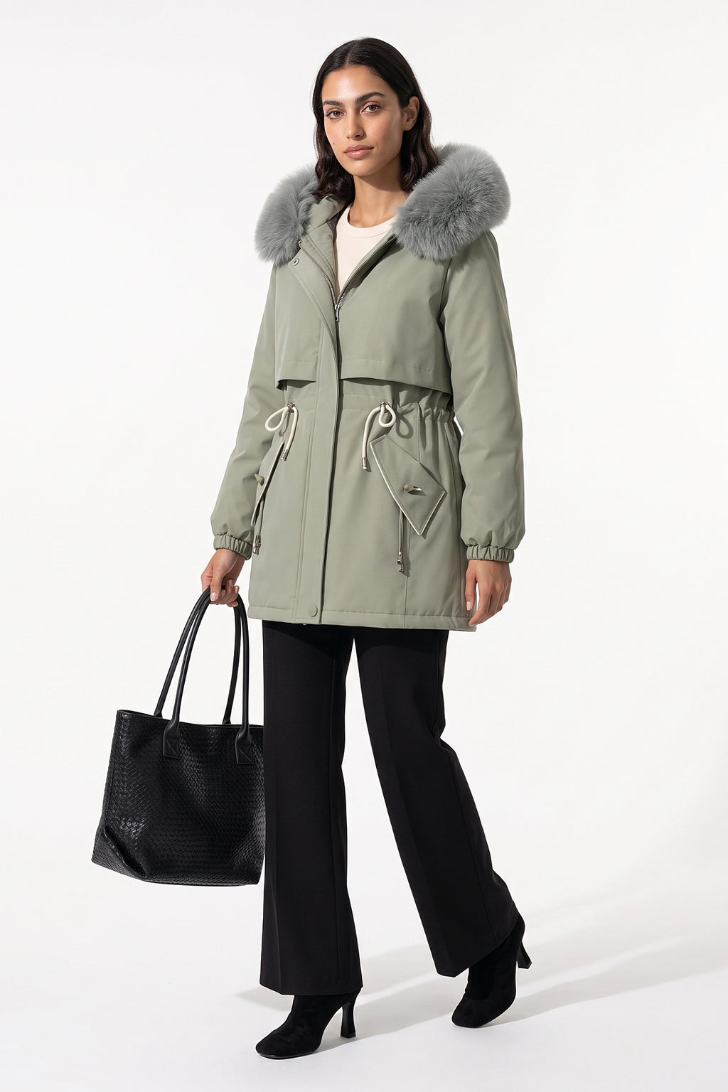 Women's Winter Warm Parka Coat with Faux Fur Hood and Drawstring Waist