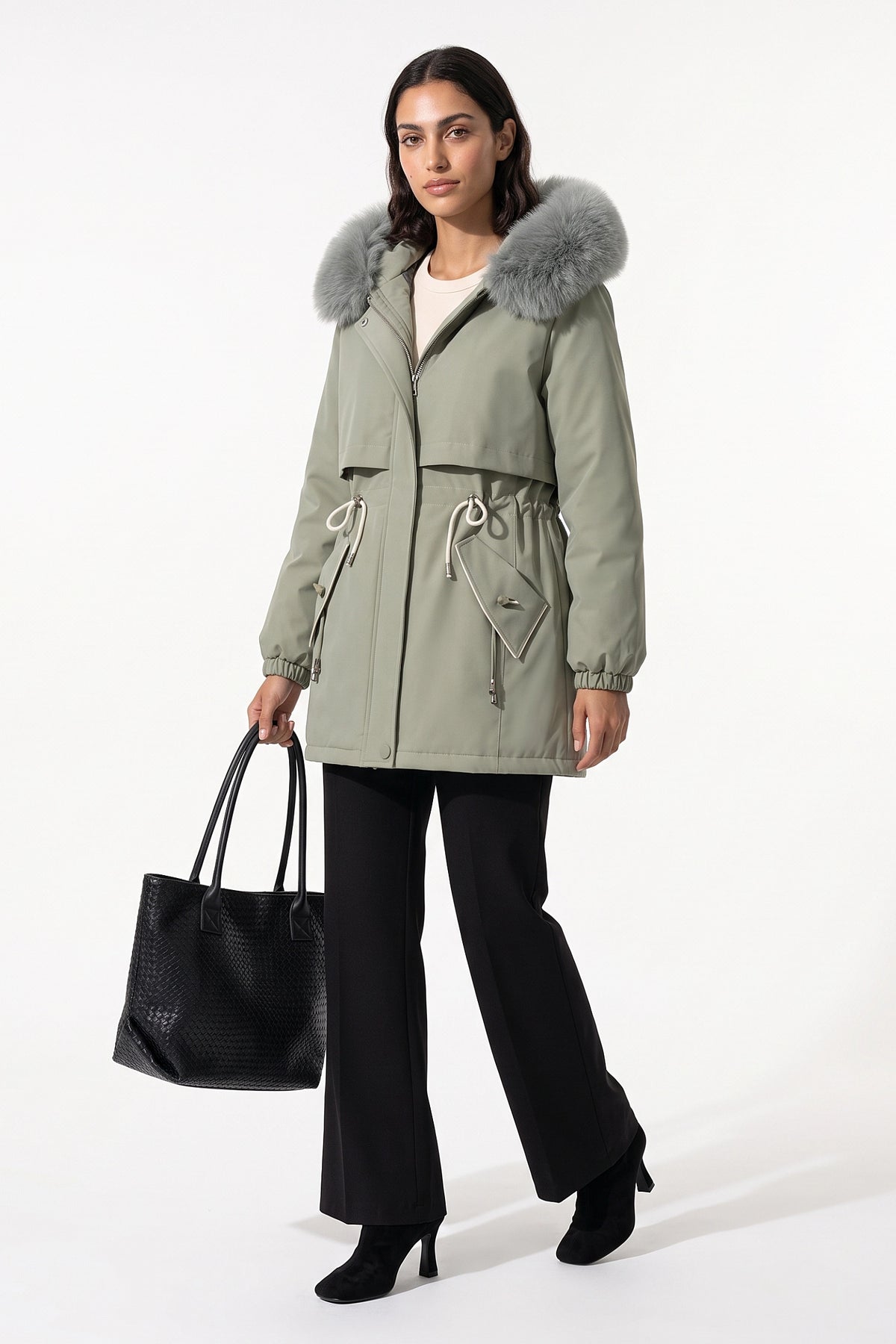 Women's Winter Warm Parka Coat with Faux Fur Hood and Drawstring Waist