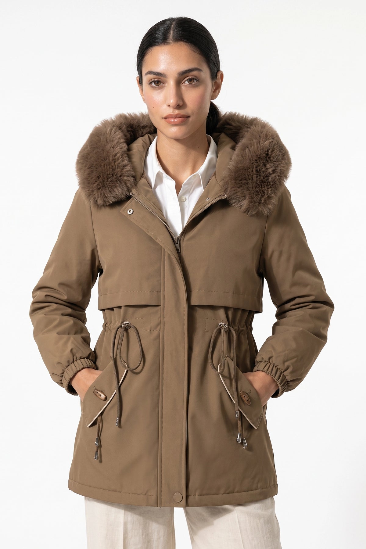 Women's Winter Warm Parka Coat with Faux Fur Hood and Drawstring Waist