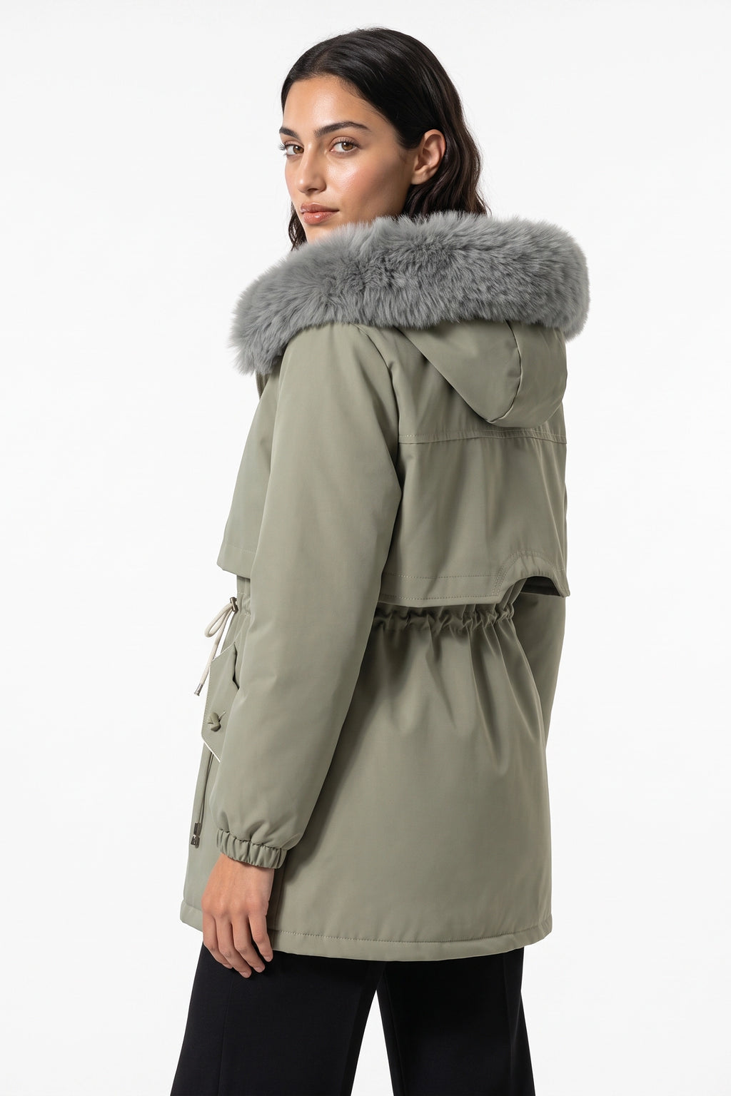 Women's Winter Warm Parka Coat with Faux Fur Hood and Drawstring Waist